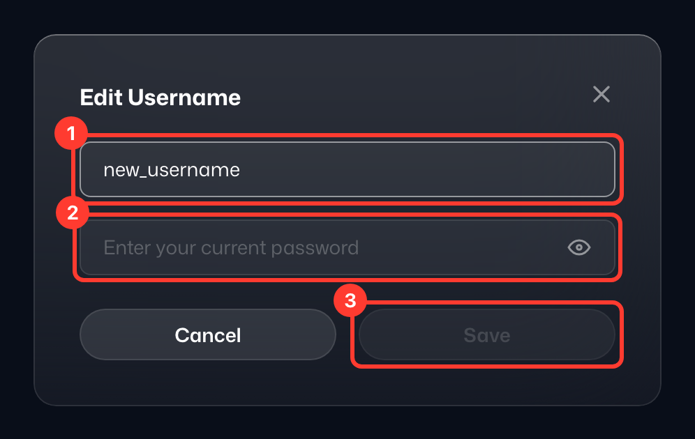 Edit Username dialog with the new username and current password fields