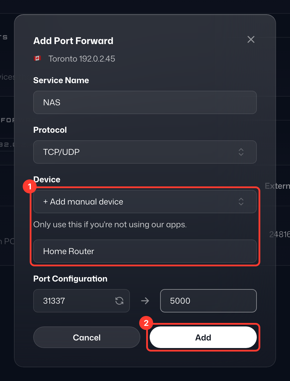 Add Port Forward form with a manual device