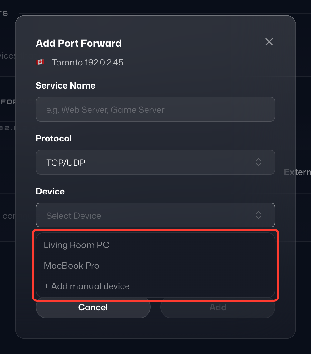 Device list with + Add manual device