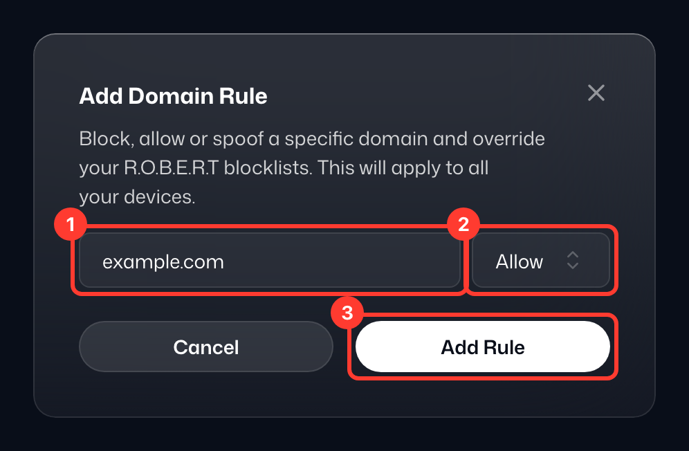 The Add Domain Rule dialog with example.com entered and Allow selected