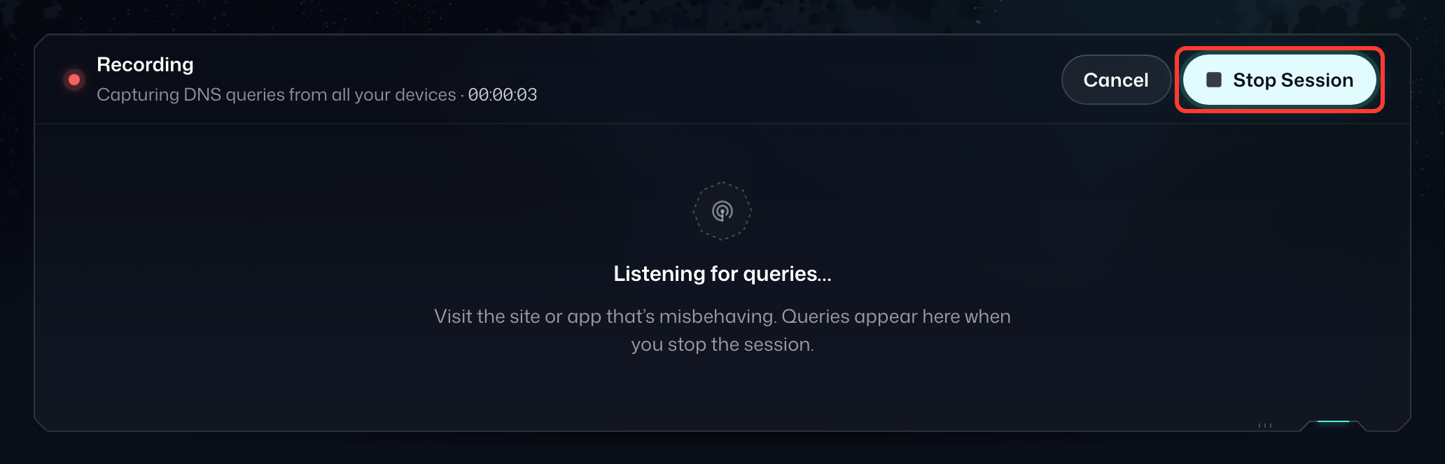 A debug session recording with its timer running, with Stop Session highlighted