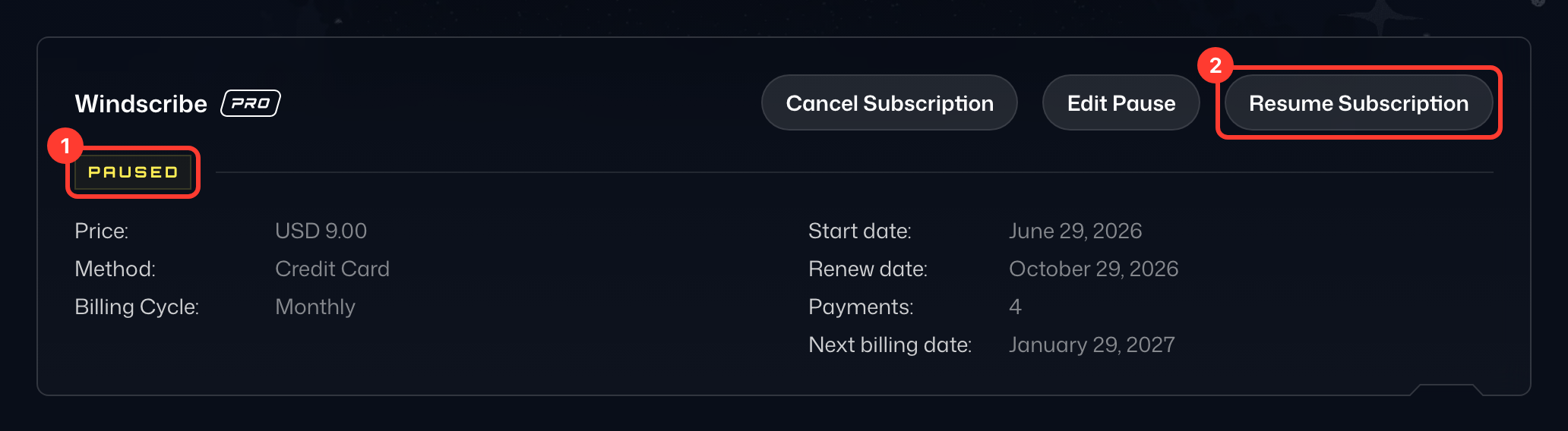 Paused subscription with the Resume Subscription button